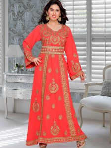 Coral Embroidered Faux Georgette Kaftan