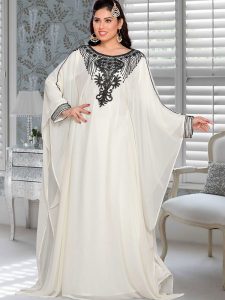 Off White Embroidered Faux Georgette Farasha