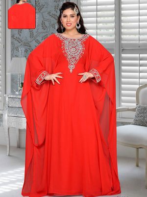 Red Embroidered Faux Georgette Farasha