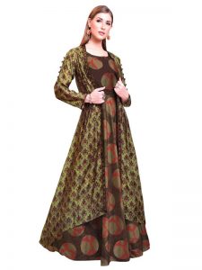 Buy Pure Chanderi Green & Brown Indo Western