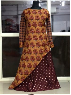 Buy Pure Chanderi Dark Brown & Yellow Indo Western