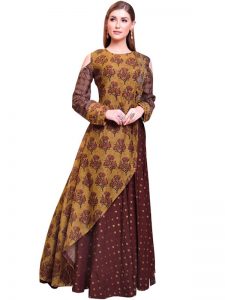 Buy Pure Chanderi Dark Brown & Yellow Indo Western