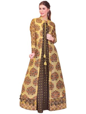 Buy Pure Chanderi Yellow & Brown Indo Western