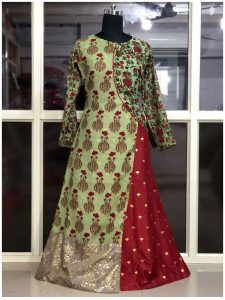 Buy Pure Chanderi Parrot Green & Maroon Indo Western