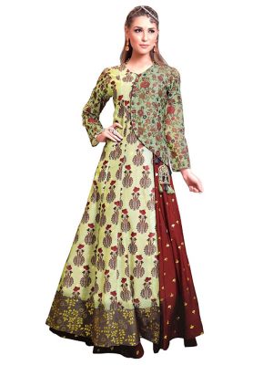 Buy Pure Chanderi Parrot Green & Maroon Indo Western