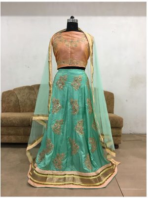 Zarine Khan Paper Silk Rama Green Bollywood Lehenga Choli