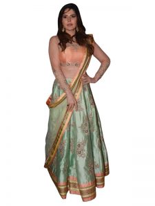 Zarine Khan Paper Silk Rama Green Bollywood Lehenga Choli