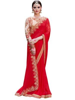 Buy Silk Georgette Red Replica Saree