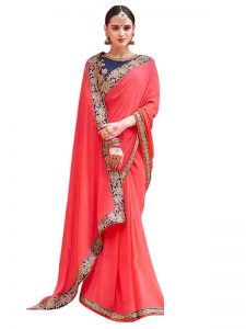 Buy Chiffon Silk Peach Replica Saree