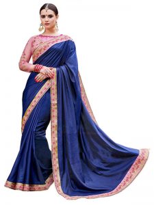 Buy Paper Silk Dark Blue Replica Saree