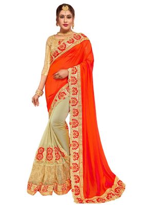 Latest Silk With Net Orange Replica Saree