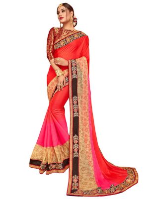 Latest Taffeta Silk With Net Orange Replica Saree