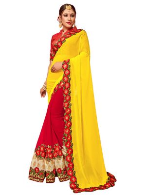 Buy Georgette With Net Yellow And Red Bollywood Replica Saree