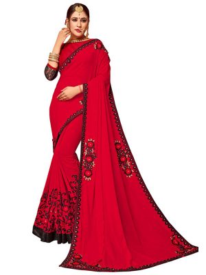 Buy Georgette With Net Red Bollywood Replica Saree