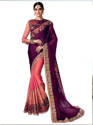 Buy Silk Purple And Peach Bollywood Replica Saree