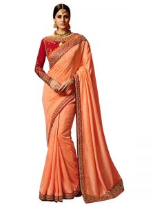 Buy Georgette Silk Peach Replica Saree