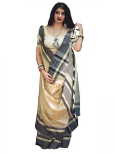 Buy Cotton Silk Cream Replica Saree