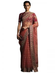 Buy Nylon Mono Net Red Heavy Look Saree