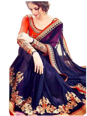 Buy Georgette Blue Replica Saree