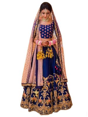 Buy Banglori Silk Navy Blue Replica Lehenga Choli