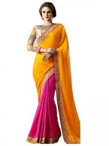 Buy Georgette With Paper Silk Yellow & Pink Replica Saree