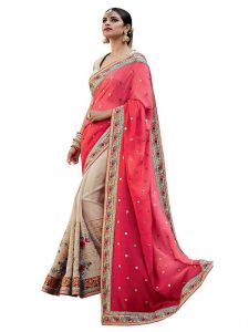 Buy Georgette Peach & Cream Replica Saree