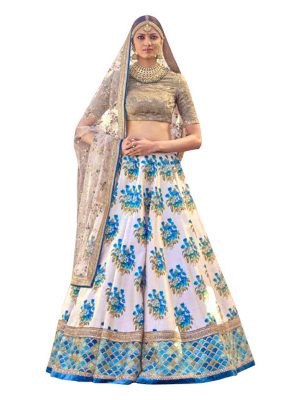 Buy Banglori Silk White & Sky Blue Digital Printed Lehenga Choli