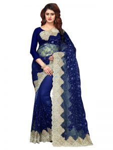 Buy Nylon Mono Net Navy Blue Replica Saree