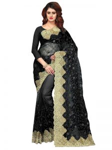 Buy Nylon Mono Net Black Replica Saree