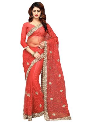 Buy Nylon Net Peach Replica Saree