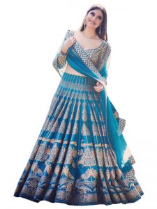 Divya Khosla Silk Blue Printed Replica Lehenga Choli