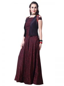 Buy Chanderi Cotton Wine Replica Long Gown
