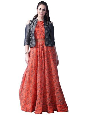 Buy Chanderi Cotton Orange Replica Long Gown