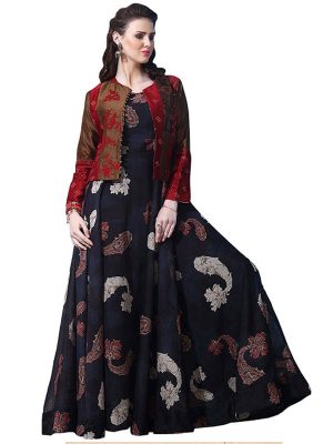 Buy Chanderi Cotton Black Replica Long Gown