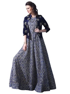 Buy Chanderi Cotton Grey Replica Long Gown