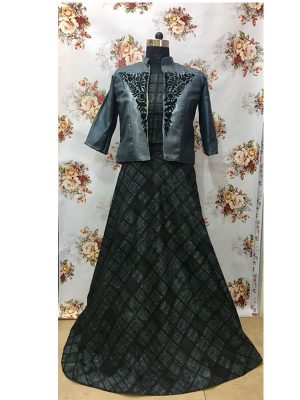 Buy Chanderi Cotton Dark Grey Replica Long Gown
