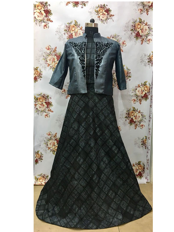 Buy Chanderi Cotton Dark Grey Replica Long Gown - Zakarto