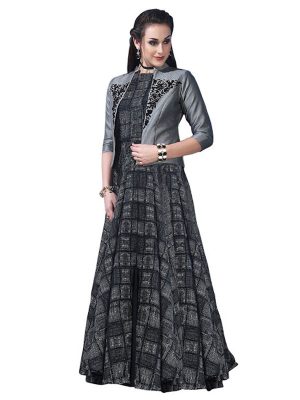 Buy Chanderi Cotton Dark Grey Replica Long Gown