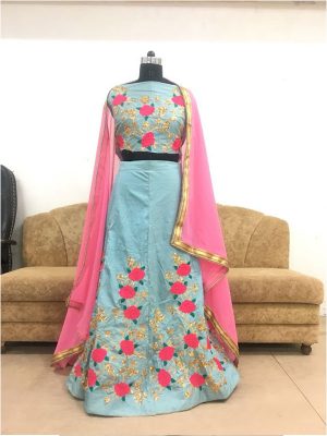 Buy Nylon Silk Sky Blue Replica Lehenga Choli