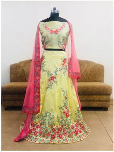 Buy Taffeta Silk Yellow Replica Lehenga Choli