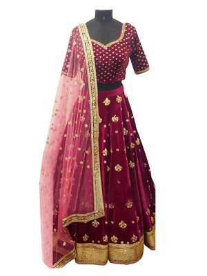 Buy Taffeta Silk Maroon Replica Lehenga Choli