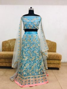 Buy Net Sky Blue Bollywood Replica Lehenga Choli