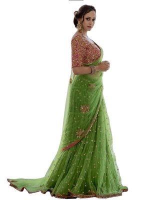 Buy Nylon Mono Net Parrot Green Replica Saree