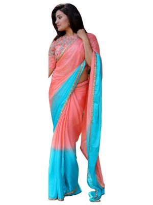 Buy Georgette With Padding Silk Peach & Sky Replica Saree