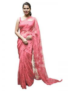 Buy Nylon Net Peach Replica Saree