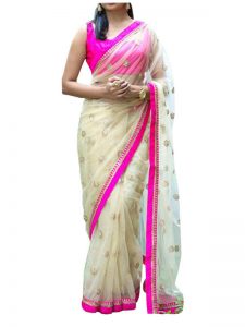 Buy Nylon Net White Replica Saree