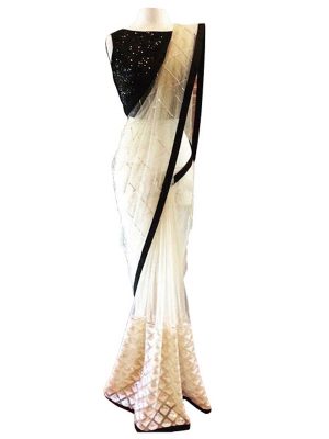 Buy Nylon Net Off White & Black Bollywood Replica Saree