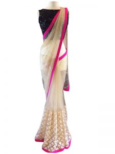 Buy Nylon Net Off White & Pink Bollywood Replica Saree