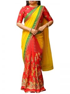 Buy Georgette Yellow & Red Replica Saree