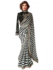 Buy Georgette Print Black & White Replica Saree